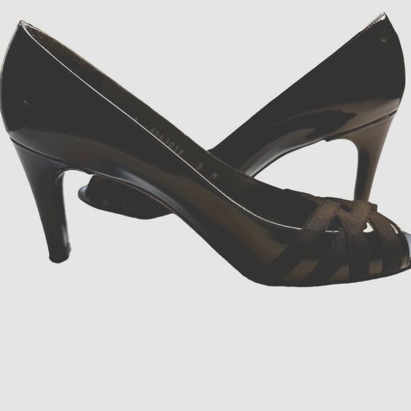 STUART WEITZMAN Black Patent Leather Peep Toe Heels 9M Classic Dress Pumps Luxe - Picture 1 of 9
